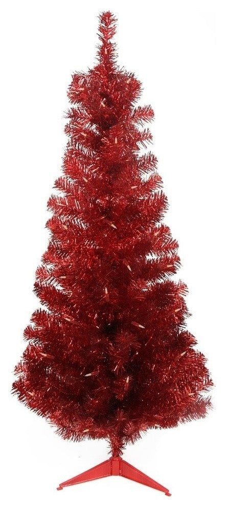 4'x29" Pre-Lit Slim Artificial Tinsel Christmas Tree, Clear Lights, Red