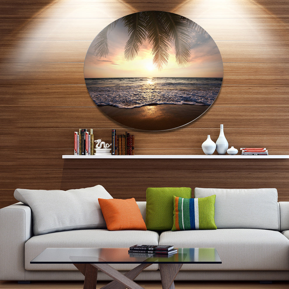 Tropical Beach With Palm Leaves, Seashore Disc Metal Artwork, 11"