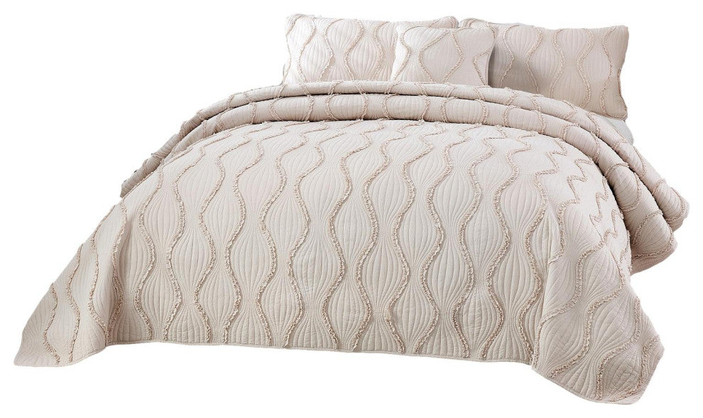 Vintage Classical French Country Boho Chic Ivory Tan Cream Ruffles Bedspread Set