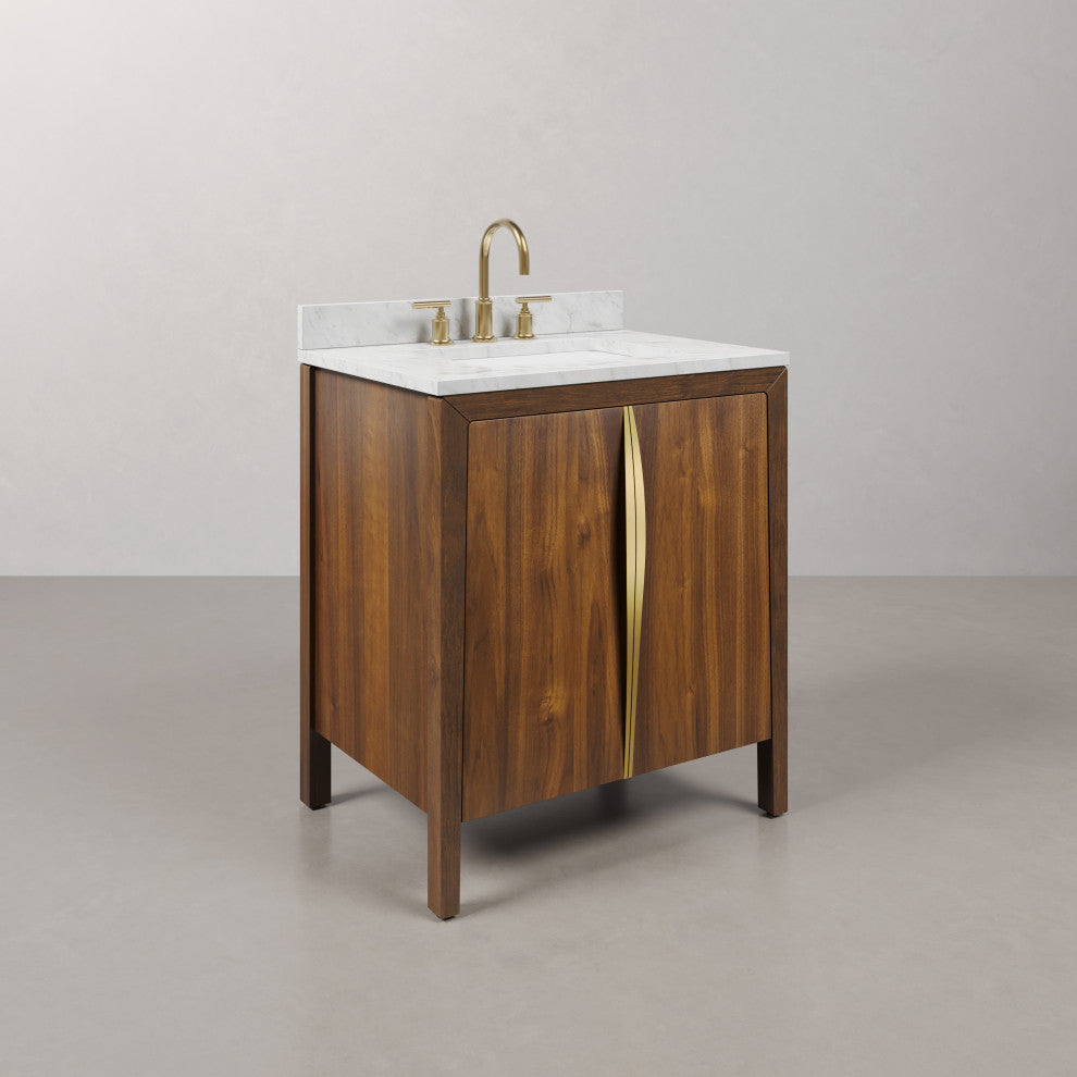 Ferrero Marble Top Bath Vanity, Nori Juglans, 30, Single Sink, Satin Gold Faucet
