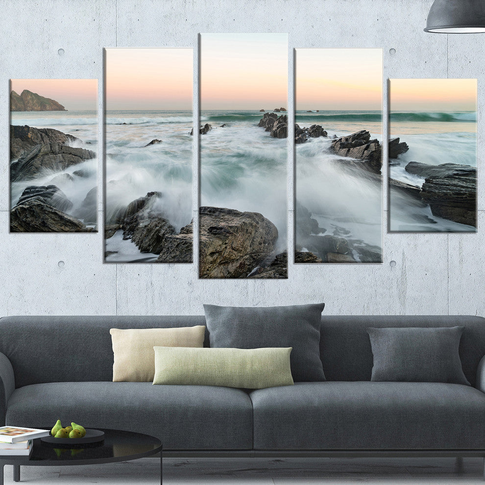 "Bay Or Biscay Rushing Waters" Modern Seashore Canvas Art, 5 Panels, 60"x32"