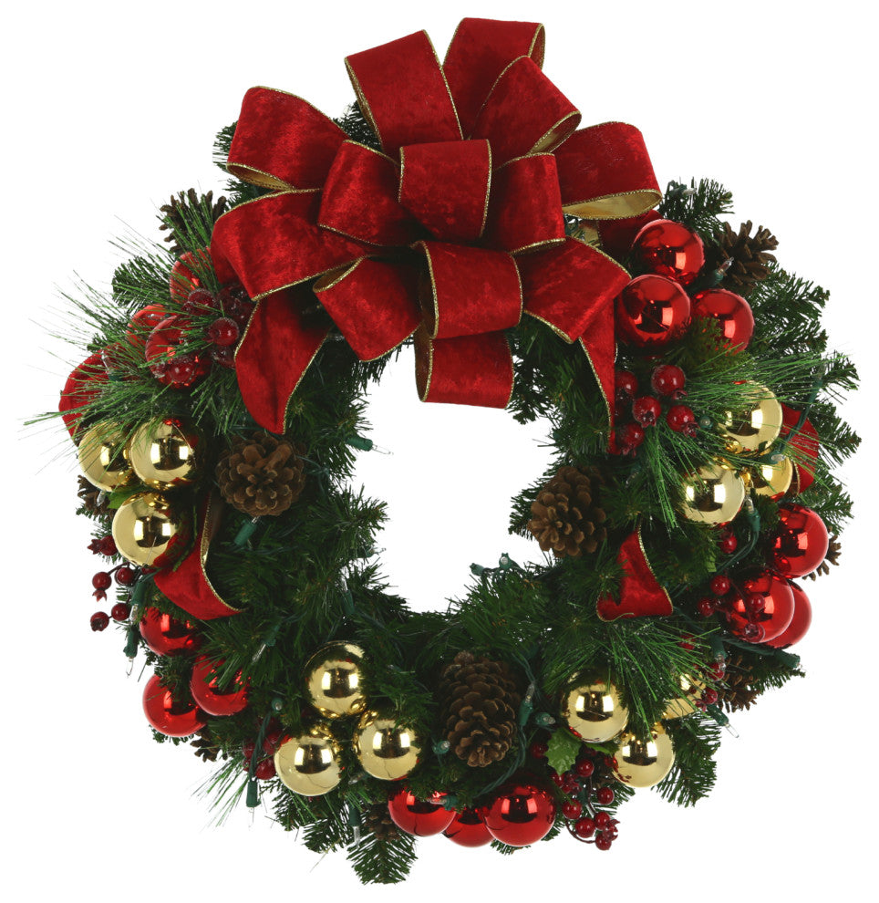 26" Evergreen Holiday Wreath with Berries, Ornaments, Bows and LED Lights, Regular Lights