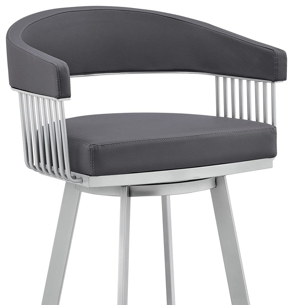 Elegant Counter Stool, Swiveling PU Leather Seat With Slatted Sides, Slate Grey