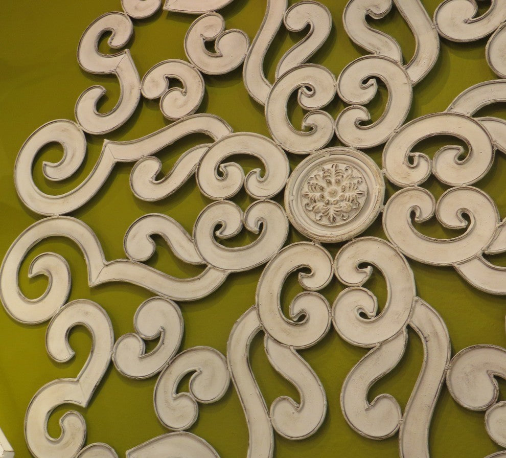 38" Large White Scroll Wall Medallion, Round Art Metal Iron Swirl