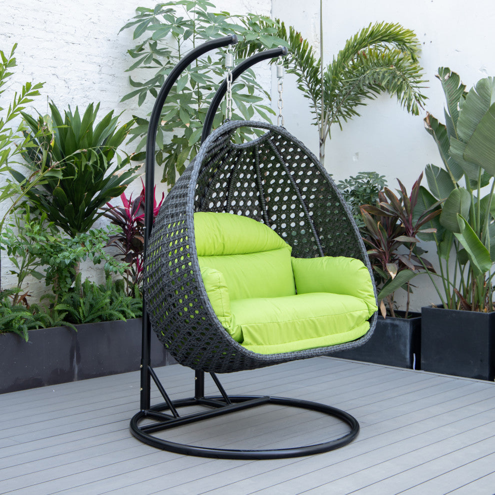 LeisureMod Mendoza Charcoal Wicker Hanging Double Egg Swing Chair, Light Green