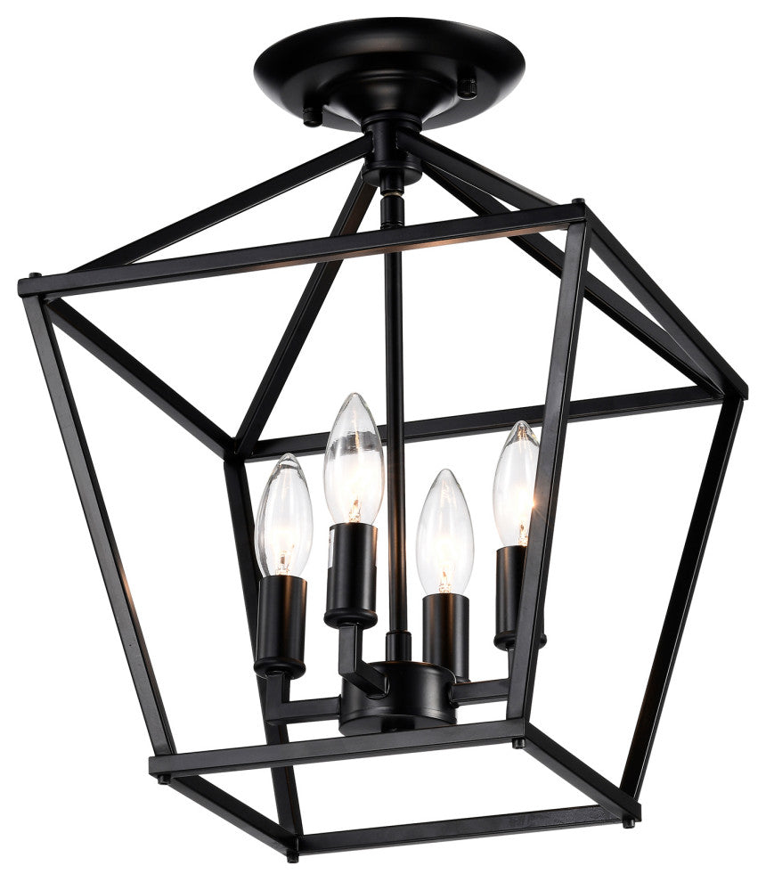 4-Light 12 in. Matte Black Cage Lantern Farmhouse Semi-flush Mount