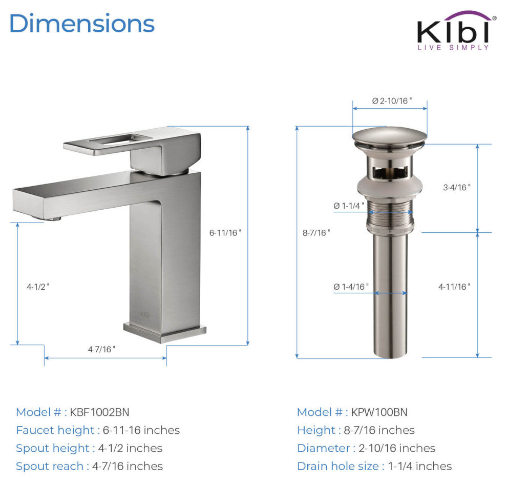 Cubic Single Hole Bathroom Faucet KBF1002, Brush Nickel, W/ Drain