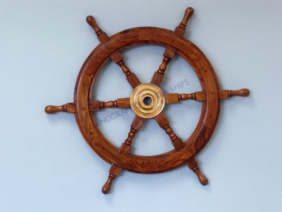 Decorative Ship Wheel, Brass and Wood, 24"