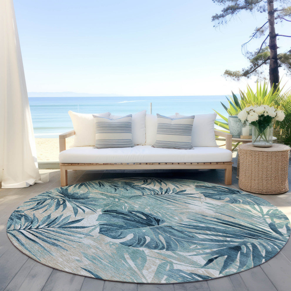 Machine Washable Indoor/Outdoor Chantille ACN1886 Teal 8' x 8' Round Rug
