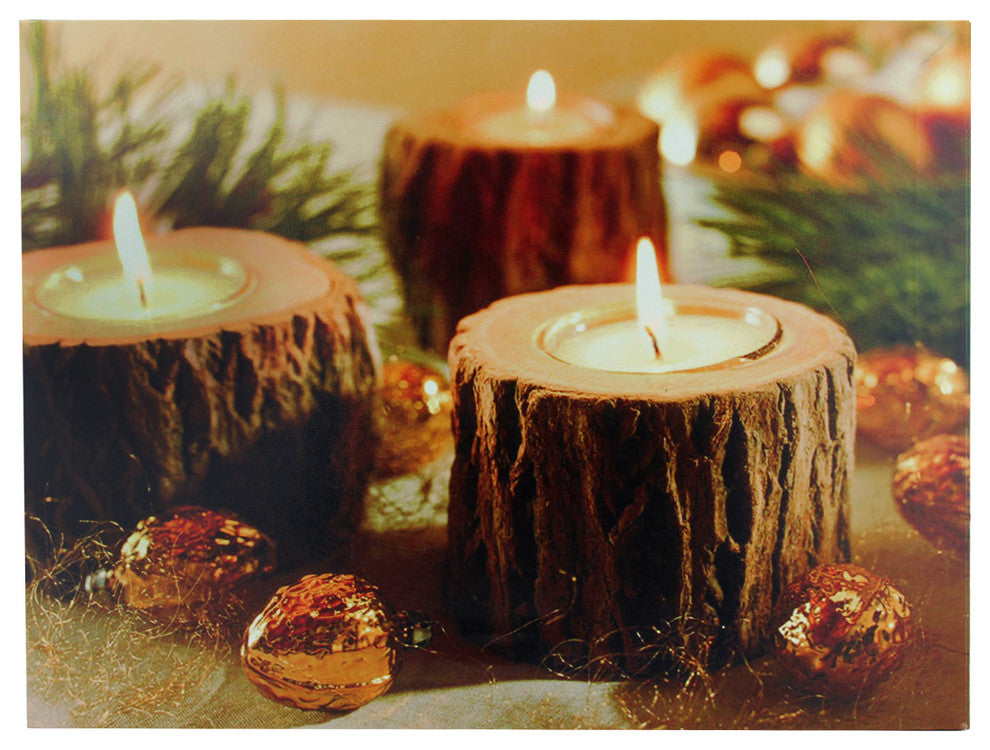 Battery Operated 3 LED Wooden Candle Scene Canvas Wall Art, 15"
