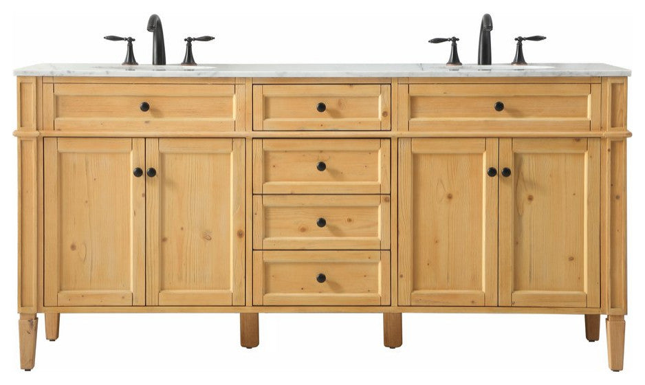 Home Living Vanity with Carrara White Marble Countertop, Natural Wood, 72", Double Sink