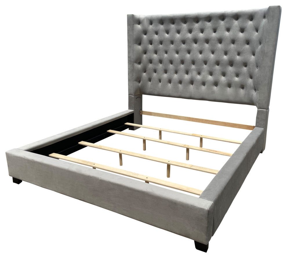 Jamie Upholstered Tower High Profile Contemporary Bed, Gray, Eastern King