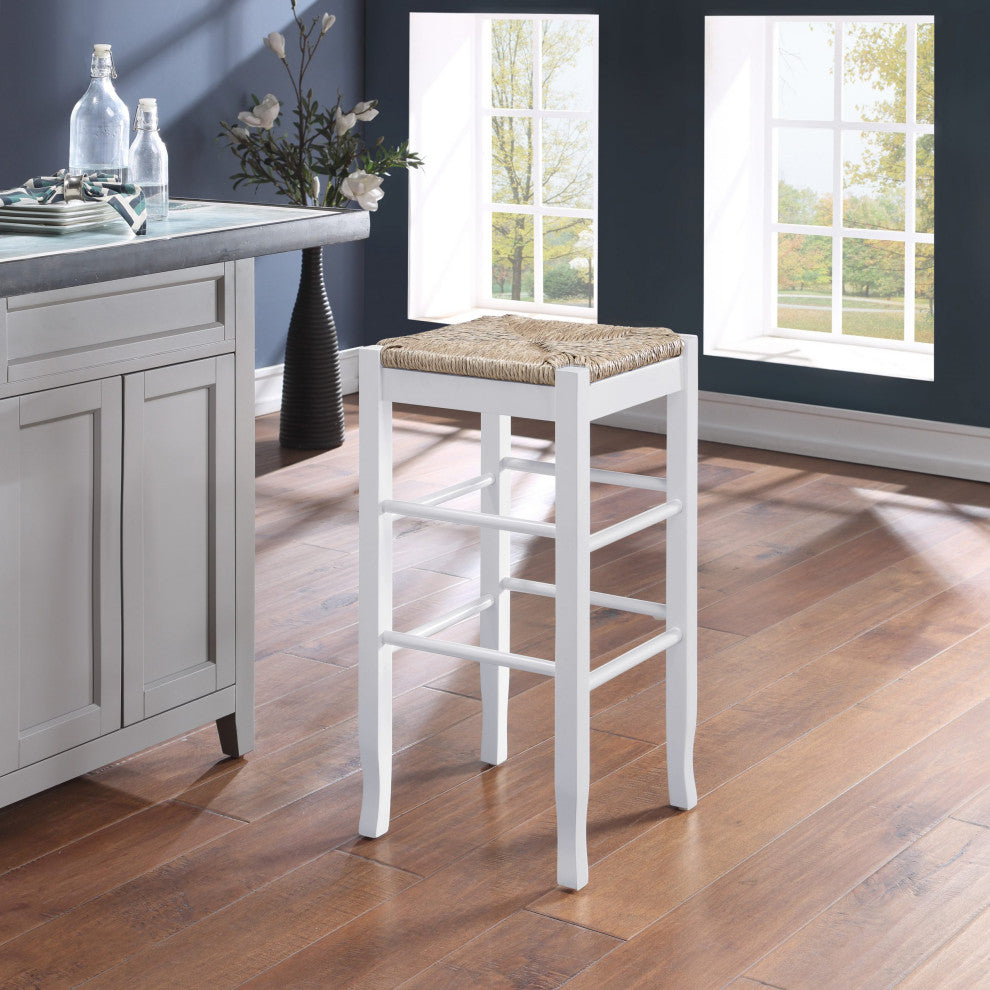 Square Rush Backless Wood Bar Stool, Cream