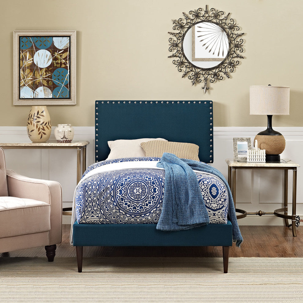Modway Phoebe Twin Fabric Platform Bed With Round Tapered Legs, Azure