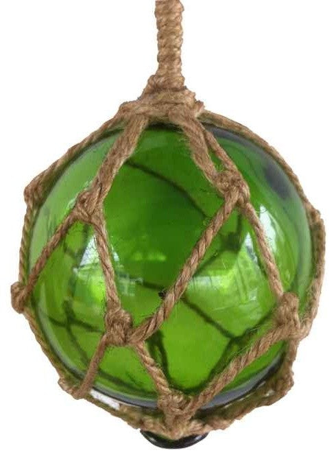 Green Japanese Glass Ball Fishing Float With Brown Netting Decoration 4''