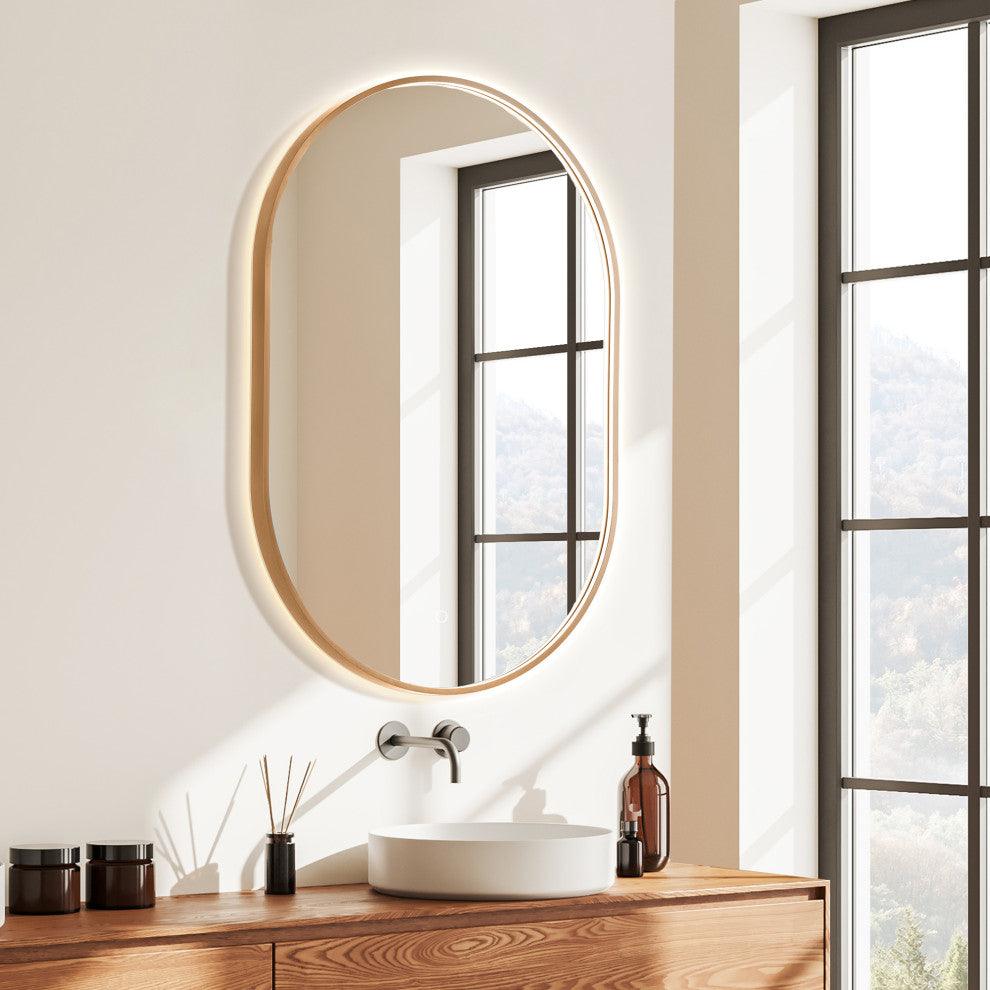 Mizani Oval Framed Bathroom/Vanity LED Lighted Wall Mirror, Brushed Copper, 24"