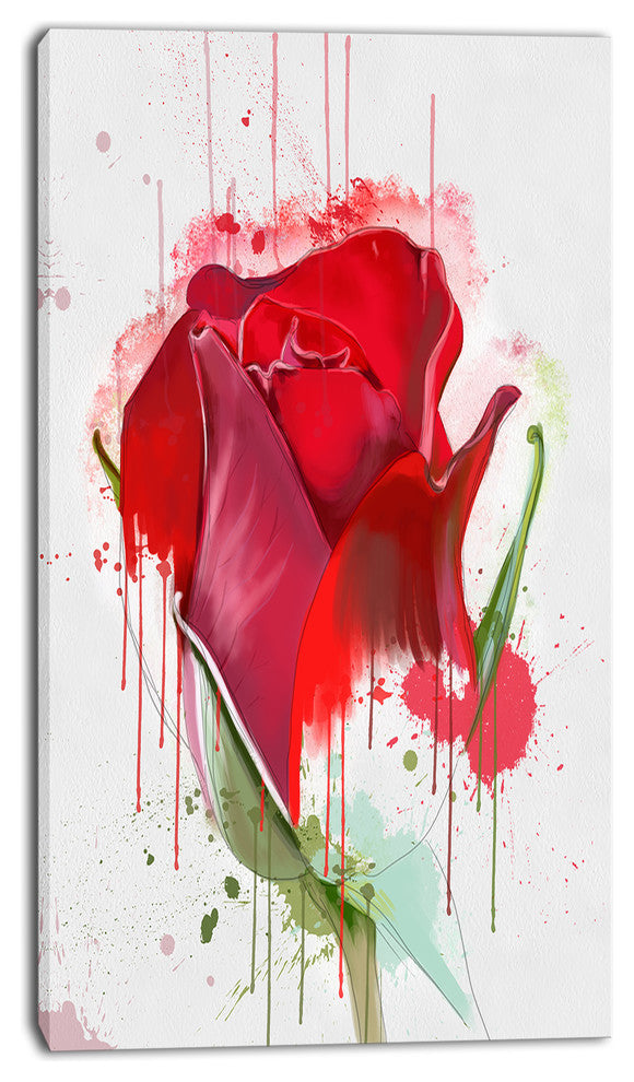 Colorful Red Rose Sketch Watercolor, Floral Canvas Art Print, 16"x32"