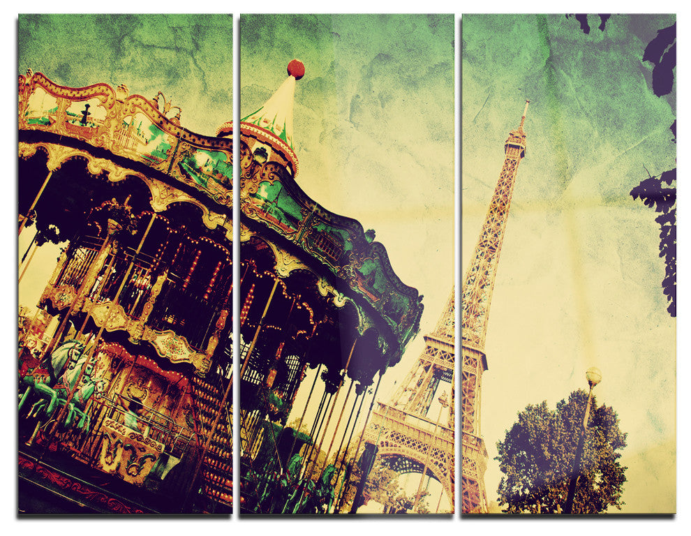 "Eiffel Tower Retro Style" Glossy Metal Wall Art, 3 Panels, 36"x28"