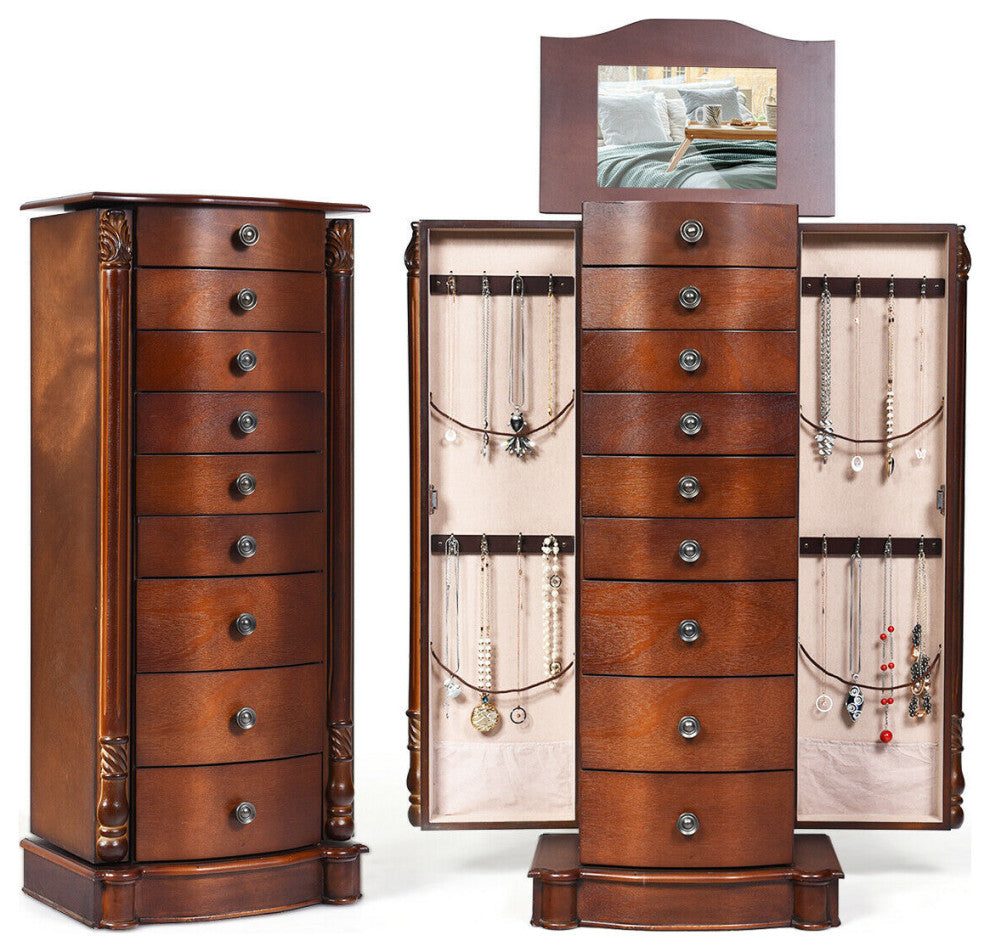 Costway Wood Jewelry Cabinet Armoire Box Storage Chest Stand Organizer Necklace