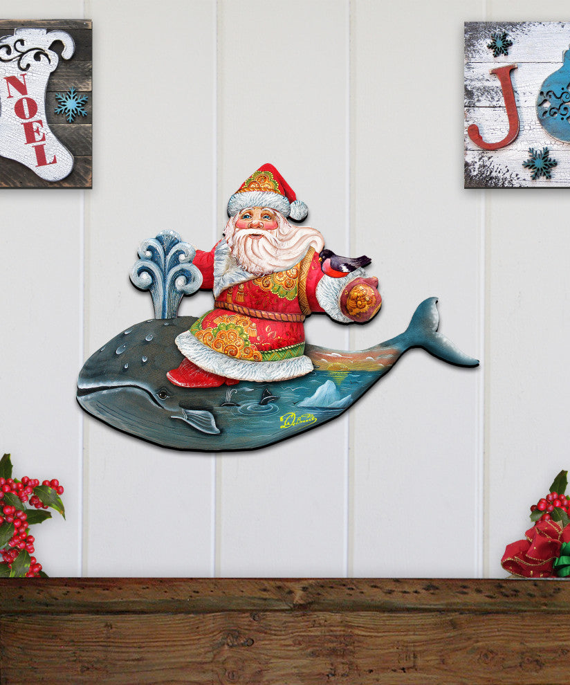 Coastal Whale Riding Santa, Wooden Decorative Holiday Door Hanger