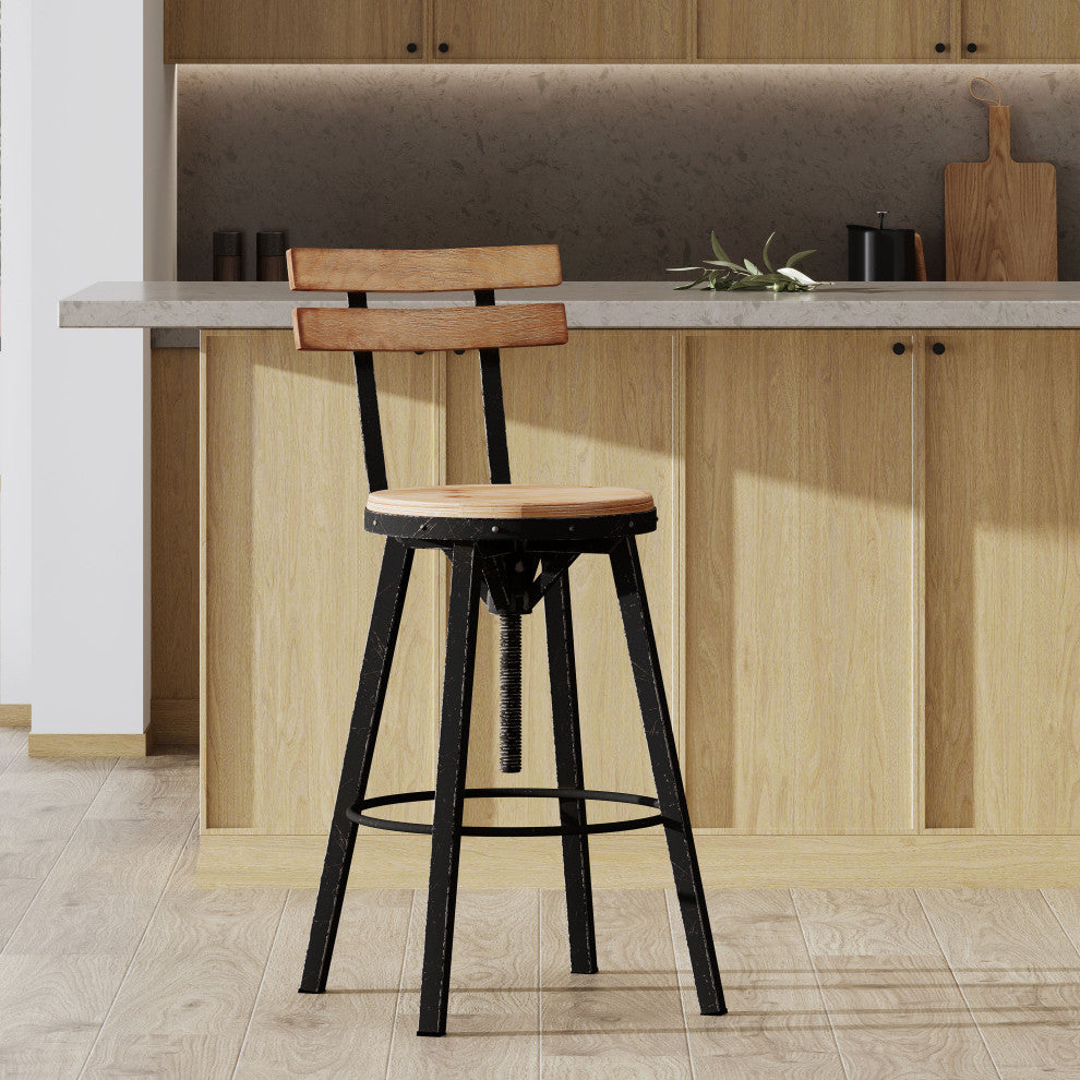 GDF Studio Poe Anique Finish Firwood Height Adjustable Bar Stool