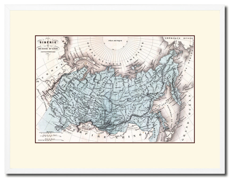 Siberia Russia Old Map Print On Canvas With Frame Art Collection 16" X 21"