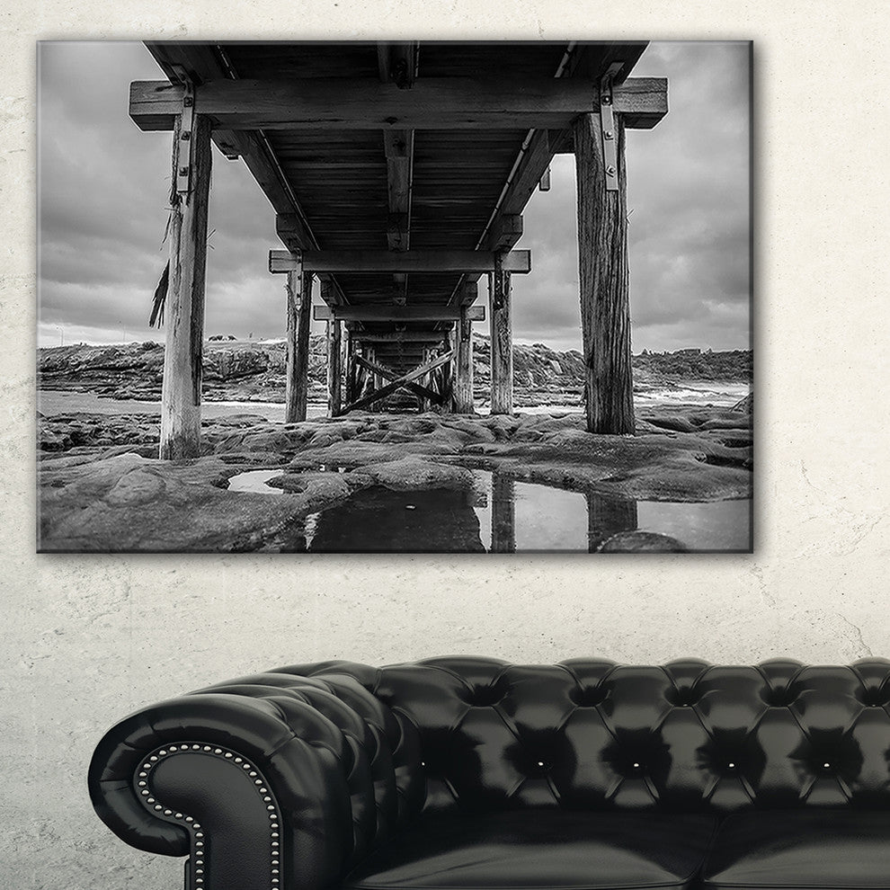 "Black and White Large Wooden Bridge" Sea Bridge Canvas Wall Artwork, 40"x20"
