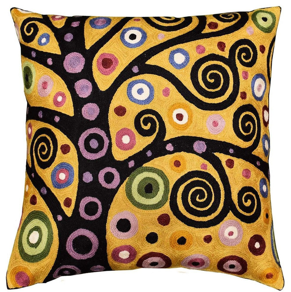 Klimt Tree of Life Yellow Pillow Cover Soulful Hand Embroidered Wool 18x18"