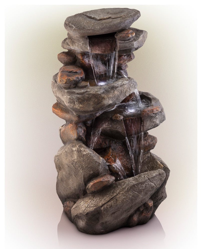 40" Tall Outdoor 4-Tier Rock Water Fountain with LED Lights