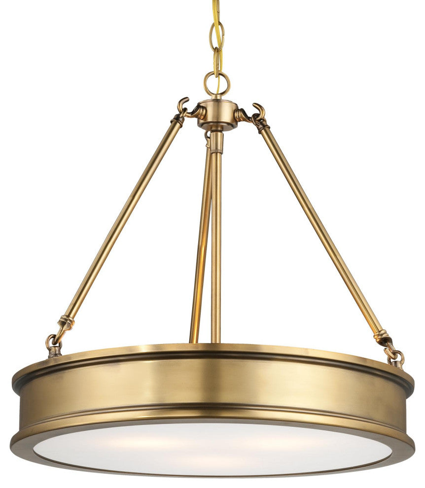 3-Light Pendant, Liberty Gold With Clear Sandblast Paint White Glass
