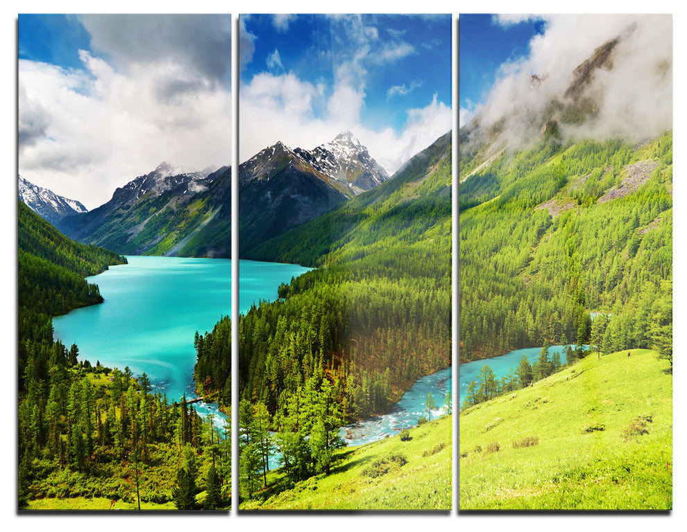 "Lake amidst Lush Greenery" Photography Metal Wall Art, 3 Panels, 36"x28"