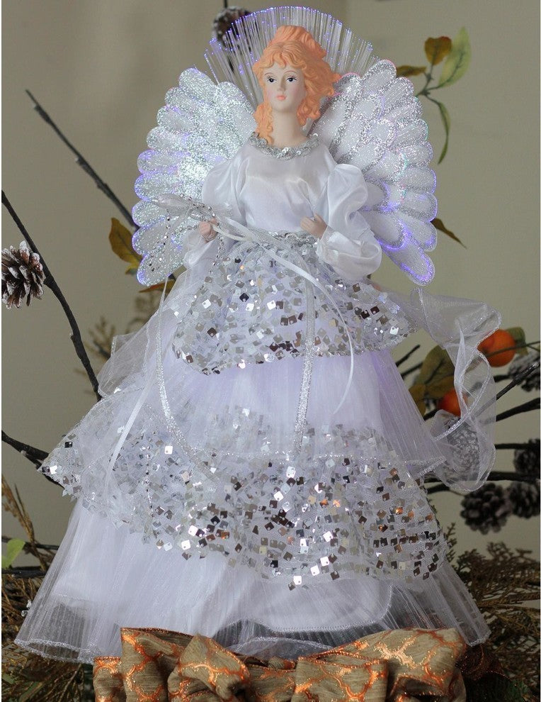 Lighted Battery Operated Fiber Optic Angel Sequined Gown Christmas Tree Topper