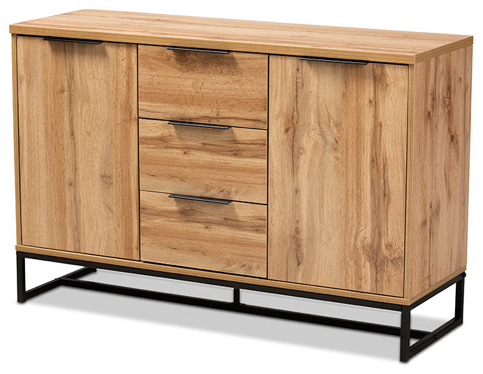 Reid Modern Industrial Oak Wood and Black Metal 3-Drawer Sideboard Buffet