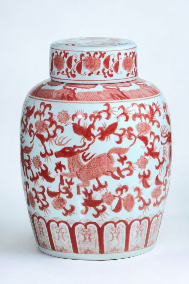 15" Porcelain Ginger Jar With Chinoiserie Deer Design