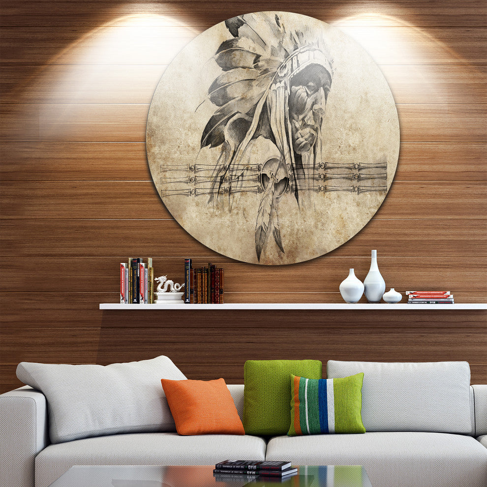 American Indian Warrior Tattoo Sketch, Digital Art Round Wall Art, 11"