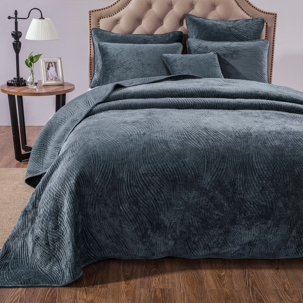 Navy Blue Velvet Plush Waves Bedspread Set, Queen