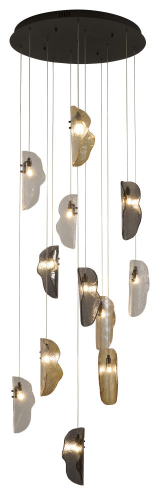 12-Light Black Chandelier With Clear, Smoke, And Amber Glass Accents