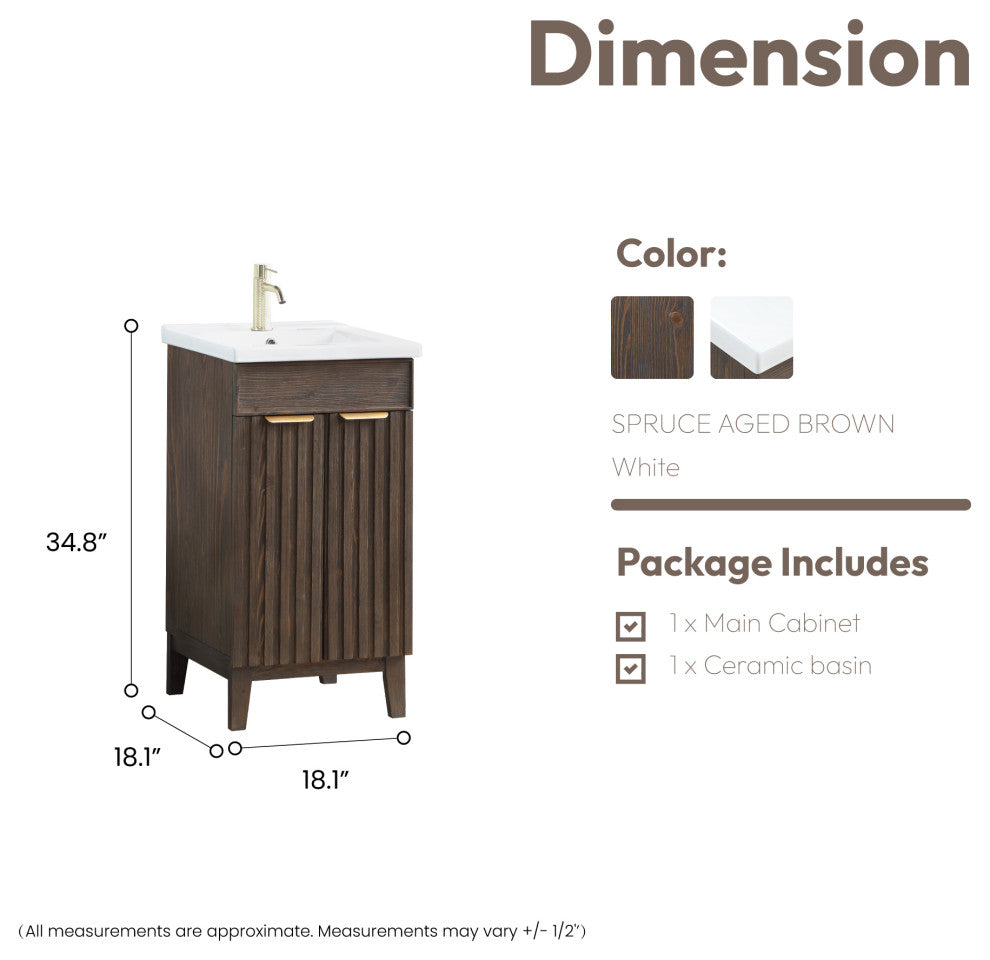 Palos Bathroom Vanity, Spruce Aged Brown, 18", Ceramic Top, No Mirror