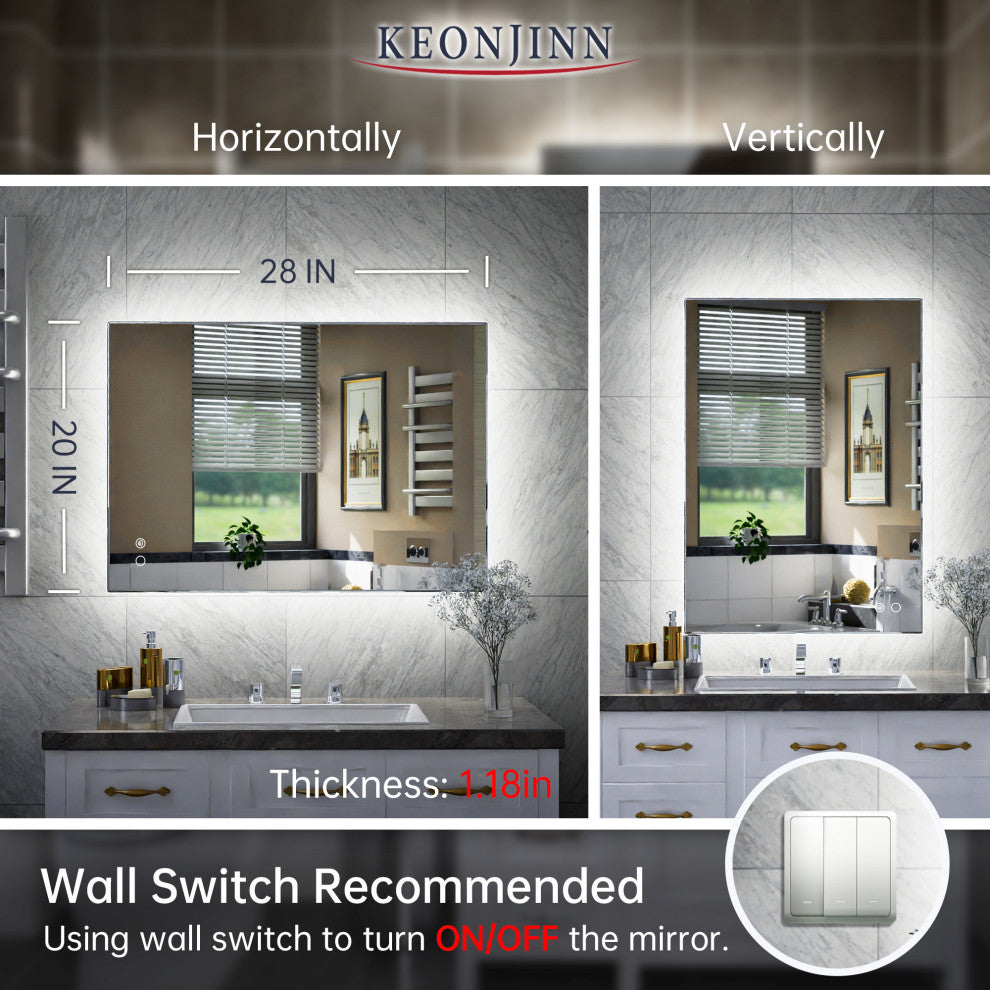 Backlit LED Mirror for Bathroom, Anti-Fog Dimmable, Silver, 20x28