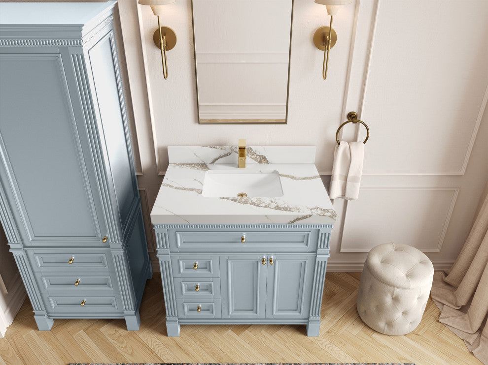 Paris 36" Center Sink Bathroom Vanity, Blue Heather 2" Calacatta Gold