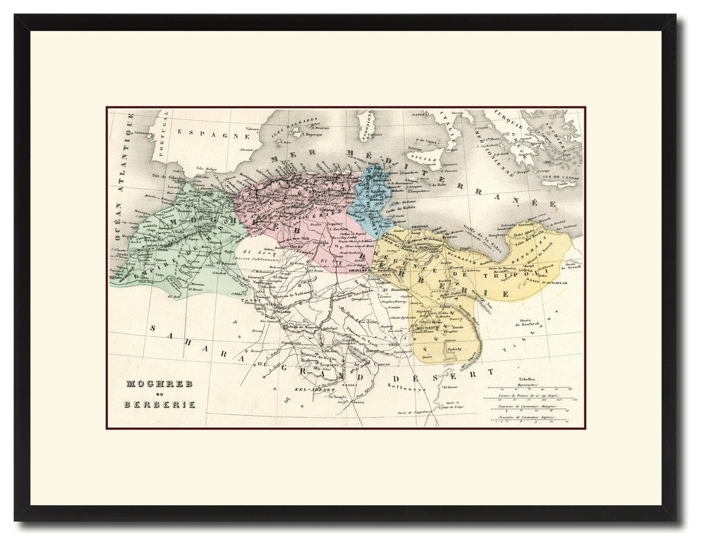 Barbary Coast Of North Africa Map Print On Canvas With Black Frame, 16" X 21"