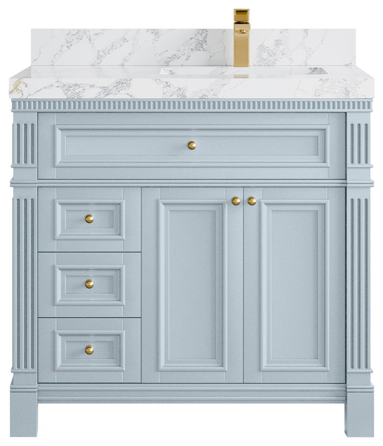 Paris 36" Right Offset Bathroom Vanity, Blue Heather 2" Calacatta Poannazo