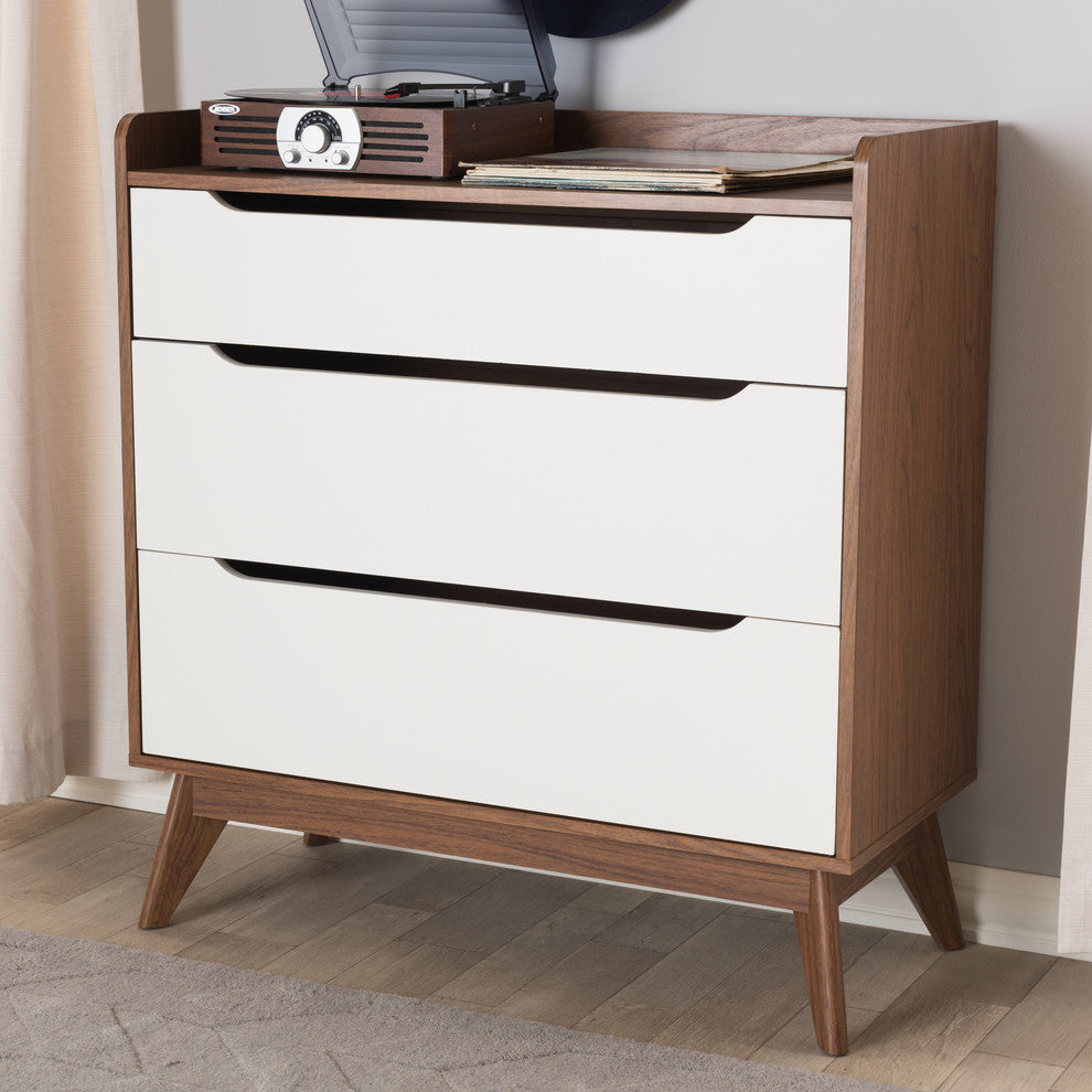 Brighton Mid-Century Modern White and Walnut Wood 3-Drawer Storage Chest