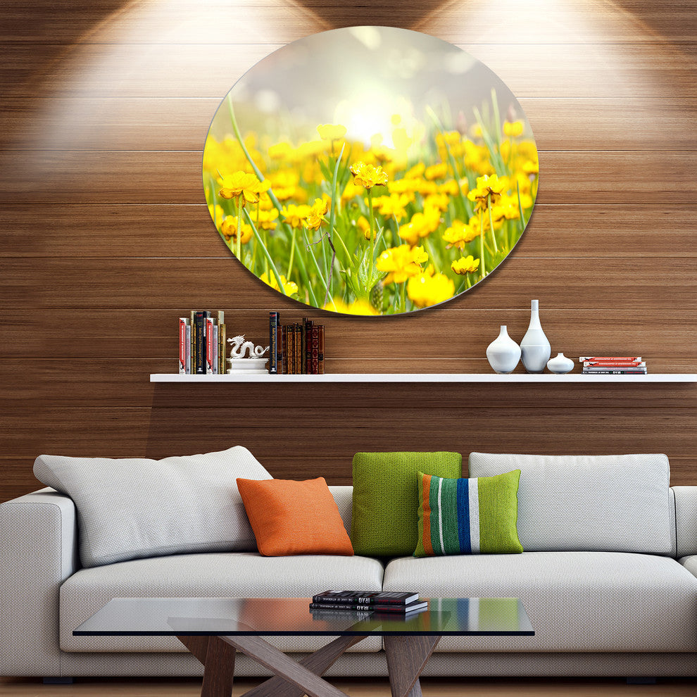 Sunny Meadow With Yellow Flowers, Floral Round Wall Art, 11"