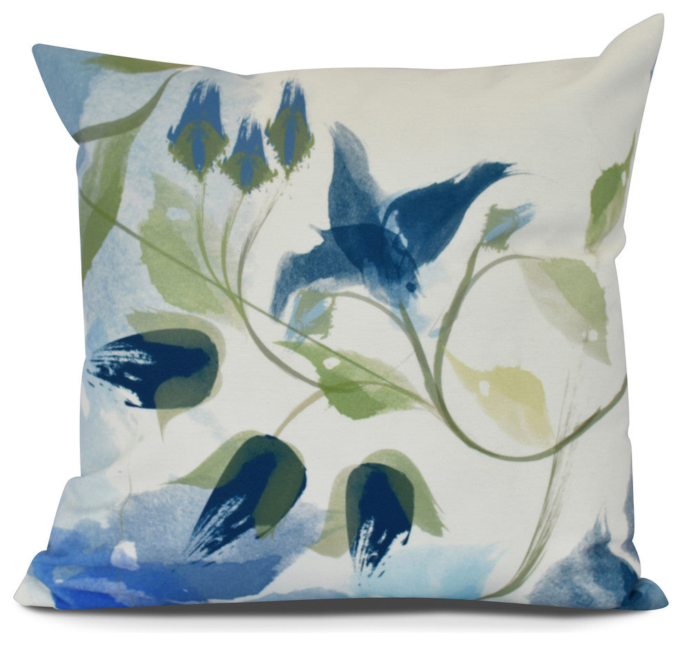 Windy Bloom, Floral Print Outdoor Pillow, Navy Blue, 18"x18"