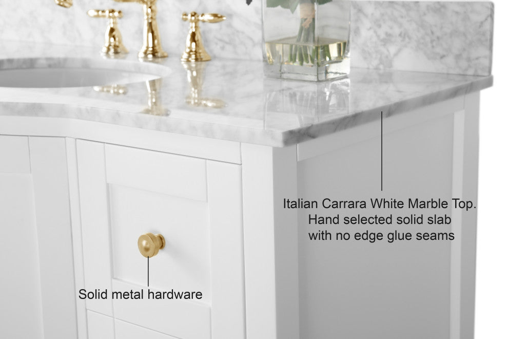 Lauren 48" Vanity Set, White, 48", Gold Hardware, Cararra White Marble Countertop and Mirror