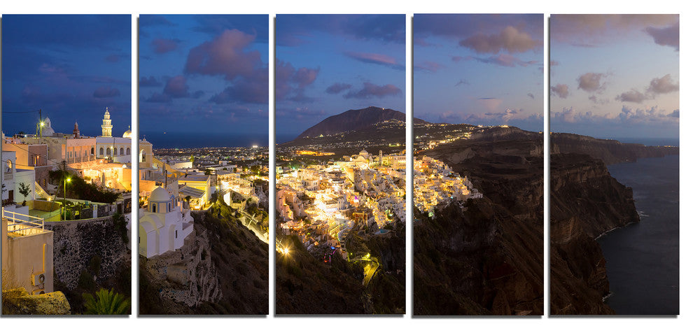 "Thira Santorini Greece Panorama" Landscape Print Wall Art, 5 Panels, 60"x28"