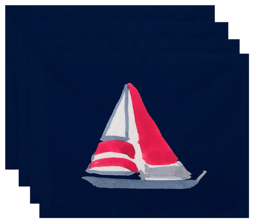 18"x14" Sail Away, Geometric Print Placemats, Set of 4, Navy Blue