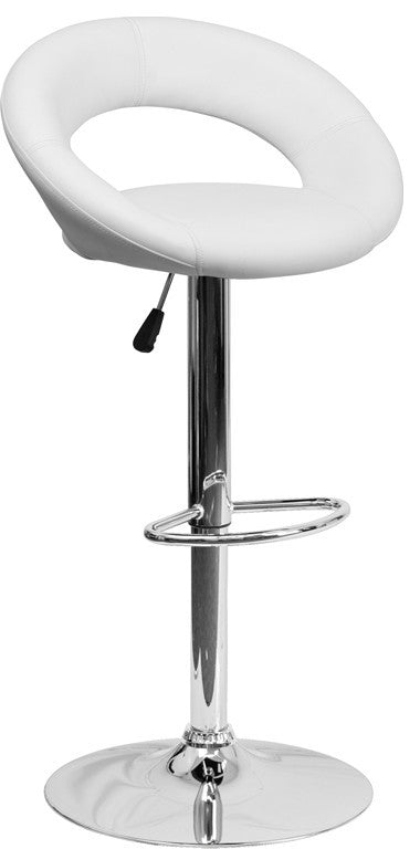 Contemporary White Vinyl Rounded Back Adjustable Barstool With Chrome Base