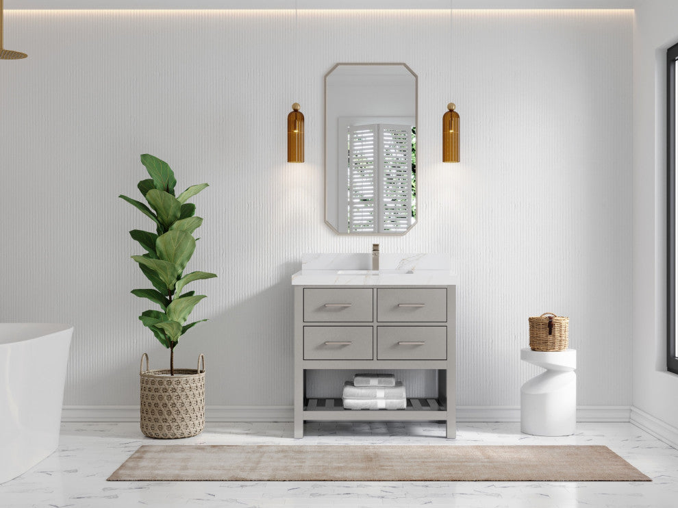 Parker 36" Single Sink Bath Vanity, Elephant Skin Gray 2" Calacatta Sienna
